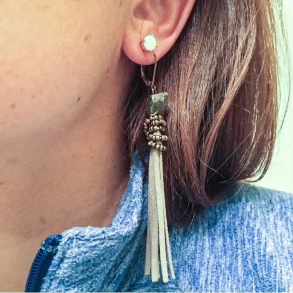 1 LEFT! Hematite Nugget Leather Fringe Earrings